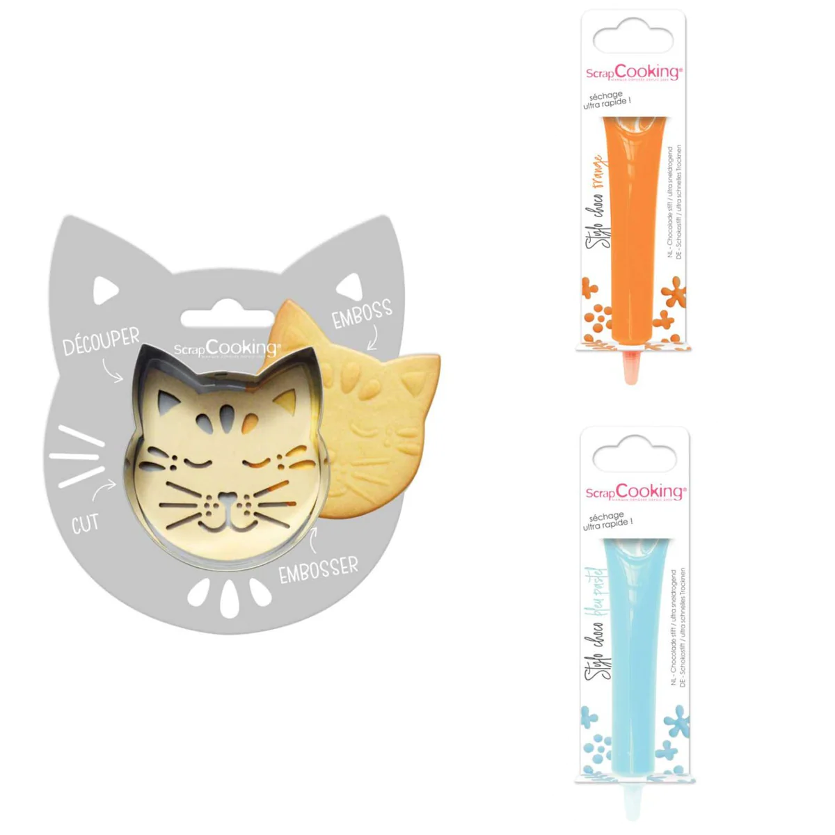 Kit pour biscuit en relief Chat + 2 Stylos au chocolat orange et bleu