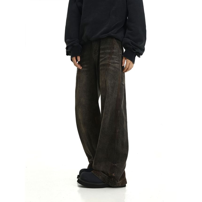 Meiksip - Mid Rise Washed Straight Leg Jeans