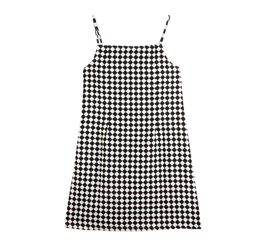 Monroll - Spaghettibandjes checkerboard mini-smokjurk / effen asymmetrische cropped cardigan