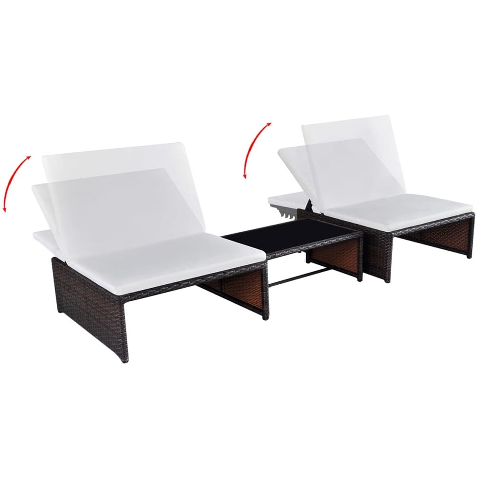 Lot de 2 transats chaise longue bain de soleil lit de jardin terrasse meuble d'extérieur avec table résine tressée marron 02_