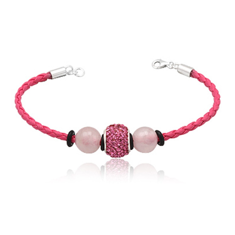 Bracelet cuir rose, Quartz Rose, Perle en Cristal Rose et Argent 925
