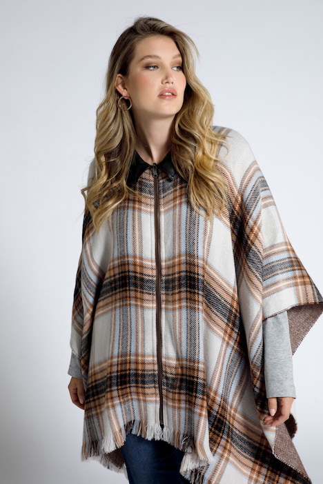 Cape, Karo, Lederoptik-Kragen, Oversized, Fransen