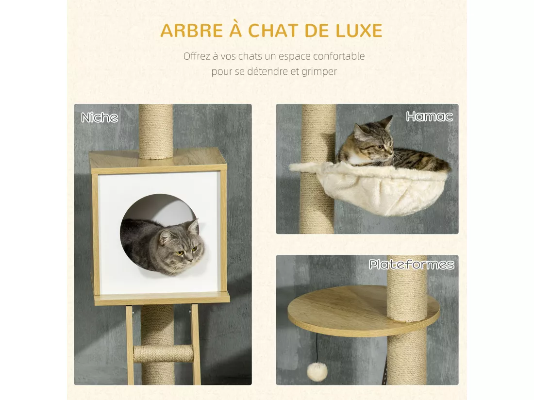 Arbres à chat 2 pièces style nordique - hauteur réglable 225-285H cm - multi-équipement - panneaux aspect chêne clair jute