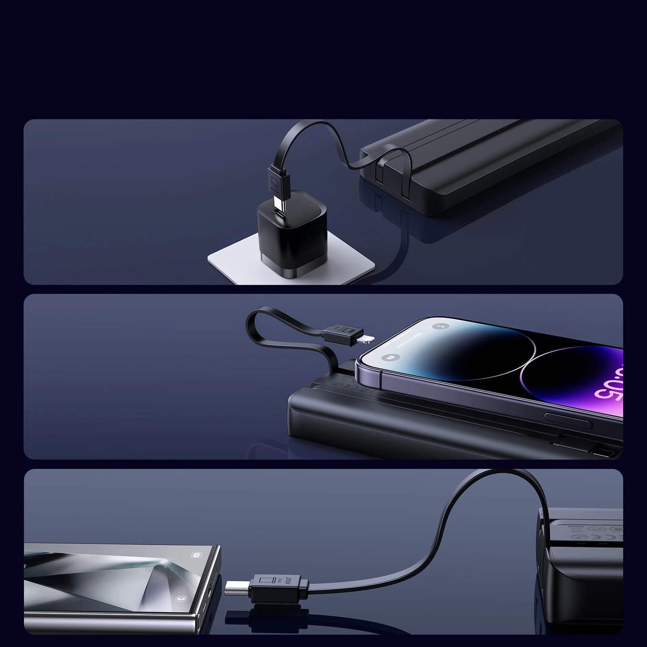 (22.5W) 10000mAh USB A / USB C Powerbank Power Delivery Ladegerät inkl. USB C / Lightning Ladekabel mit LED Anzeige (JR-PBF19) - Schwarz
