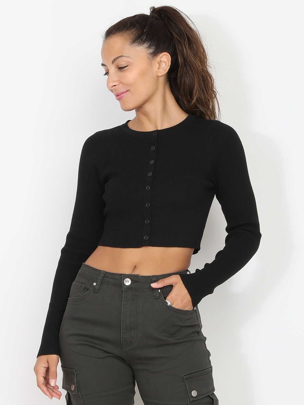 Crop top côtelé à boutons- Noir