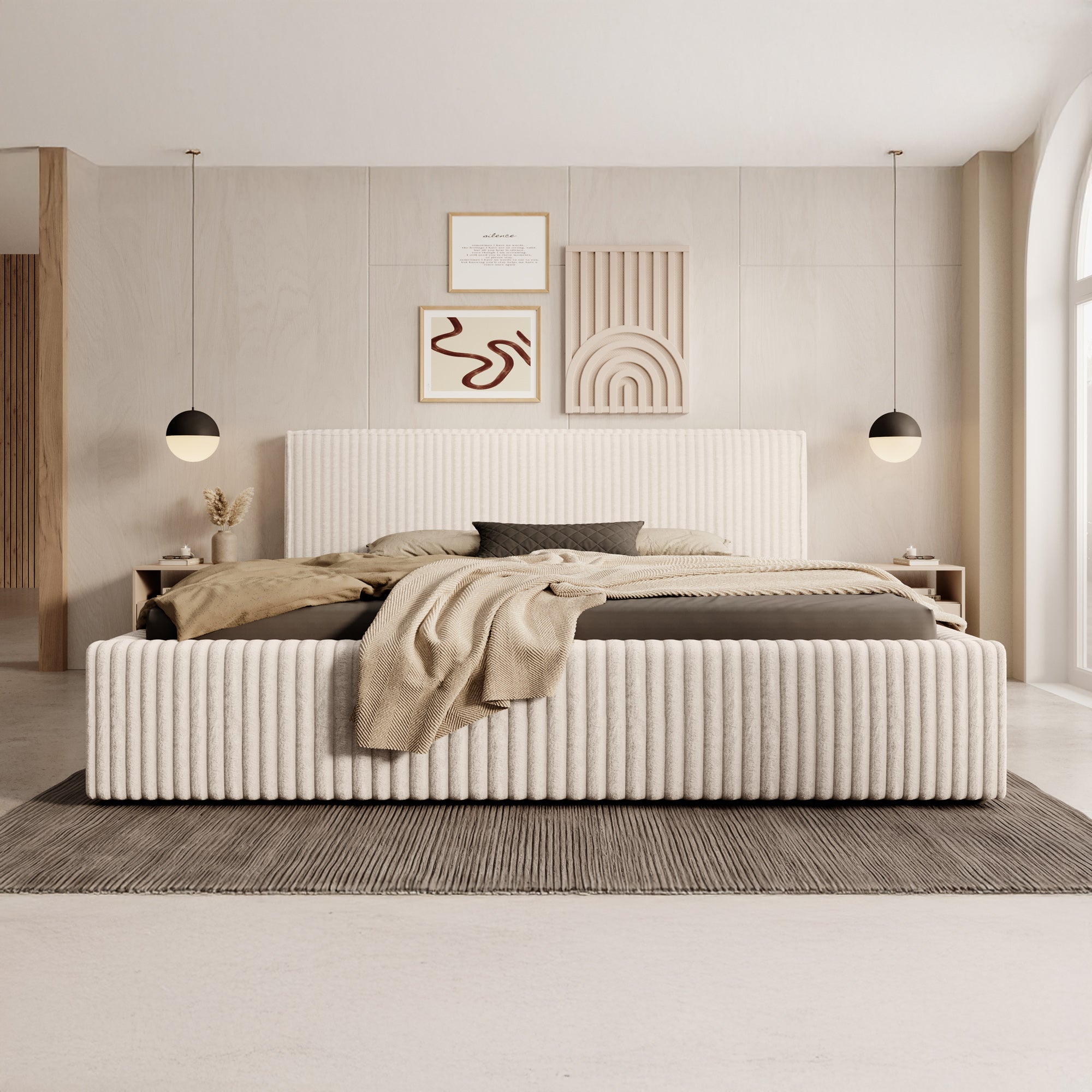 Meubella - Tweepersoonsbed Infinity - Beige Fluffy ribstof - 180x200cm