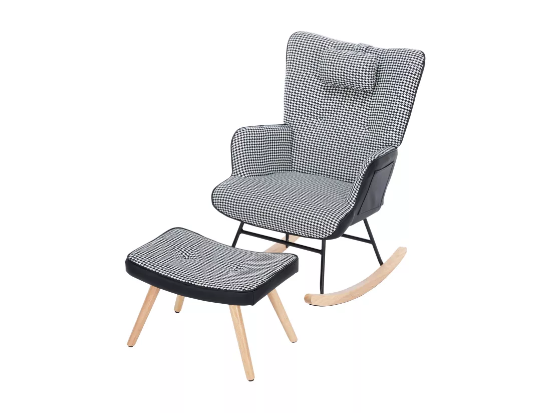 Fauteuil à bascule avec poche latérale, appui-tête et repose-pieds - 85 x 65 x 96 cm - Motif chippendale - Noir + blanc