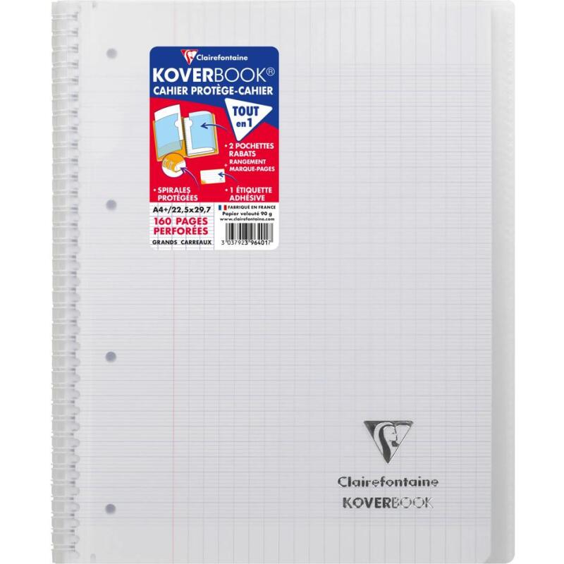 Cahier reliure intégrale enveloppante Koverbook A4+ 160 pages grands carreaux détachables perforé 4 trous couverture polypropylène t ransparent - Assortis