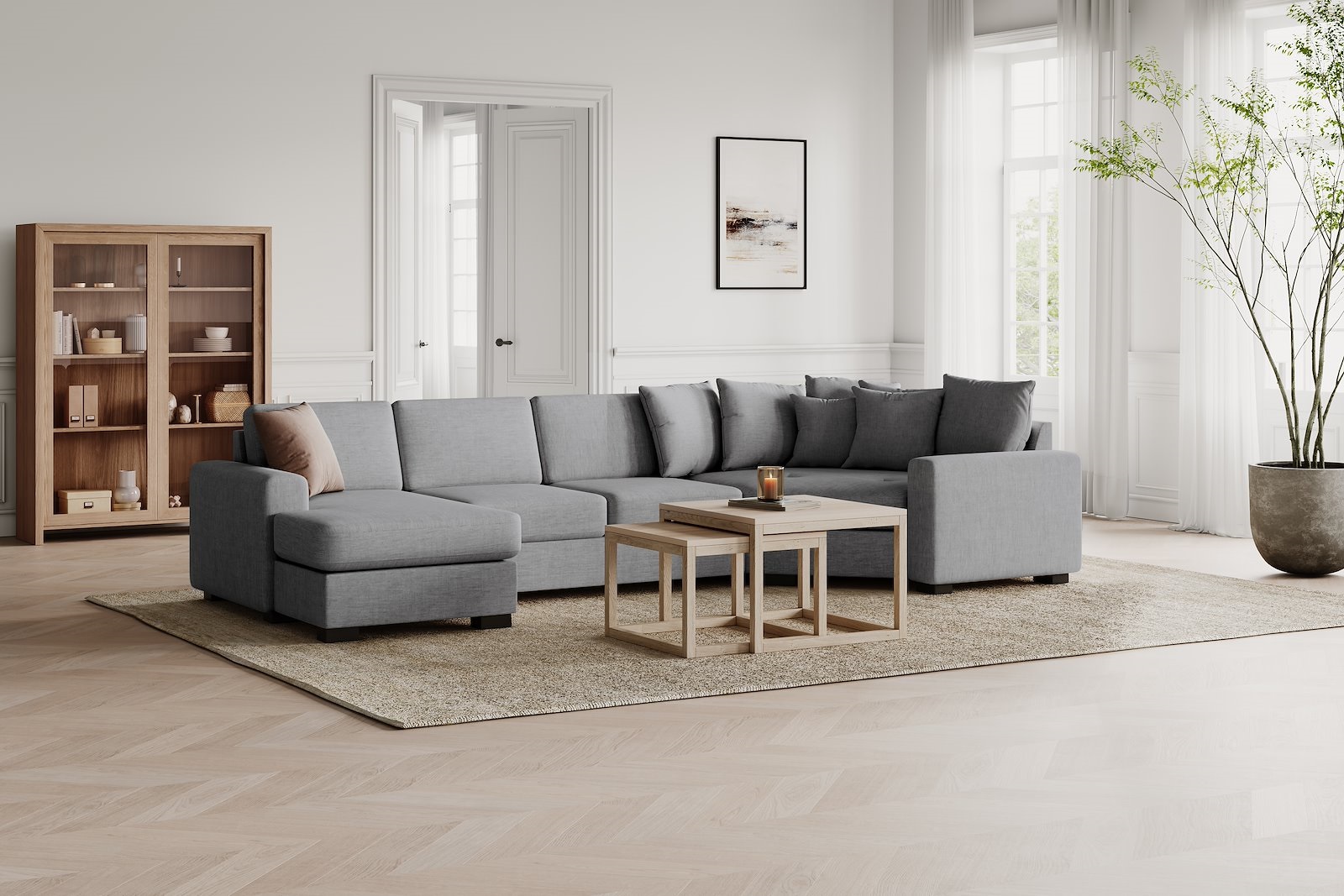 Modern Living U-sofa Sjeselong venstre med 2-seter og cosy corner høyre. Tekstil Brego 3 Grey med Arm A og ben 2 sortbeiset eik.
