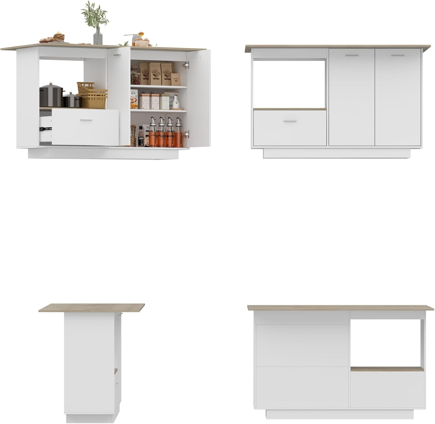 Caldion Kücheninsel mit Arbeitsplatte,Küchenwagen mit Schubladen,Küchenschrank mit Verstellbare Schotten,Buffetschrank Holzfarbe und Weiß,Kücheninselschrank,150x40x91cm