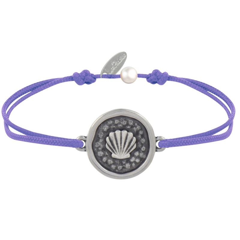 Bracelet Lien Médaille Ronde Laiton Argenté Coquillage - Violet