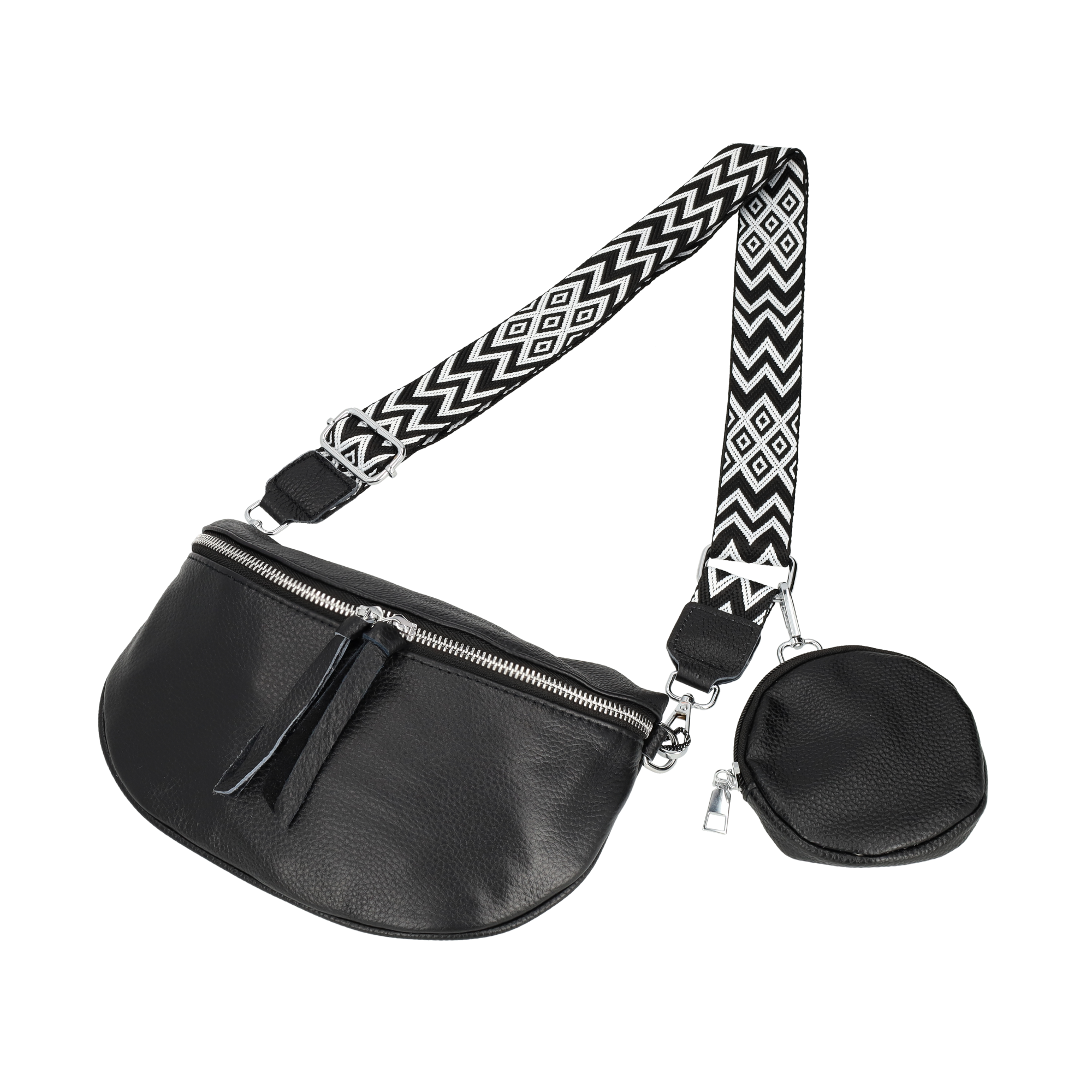 (25x15cm) Echtleder Schultertasche Fashion Crossbody Bag Bauchtasche mit Anhänger - Schwarz