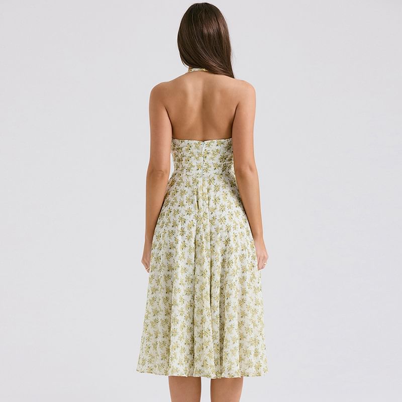 Puffields - Halter V-hals Diepuitgesneden Bloemenprint Open Rug Midi A-lijn Jurk