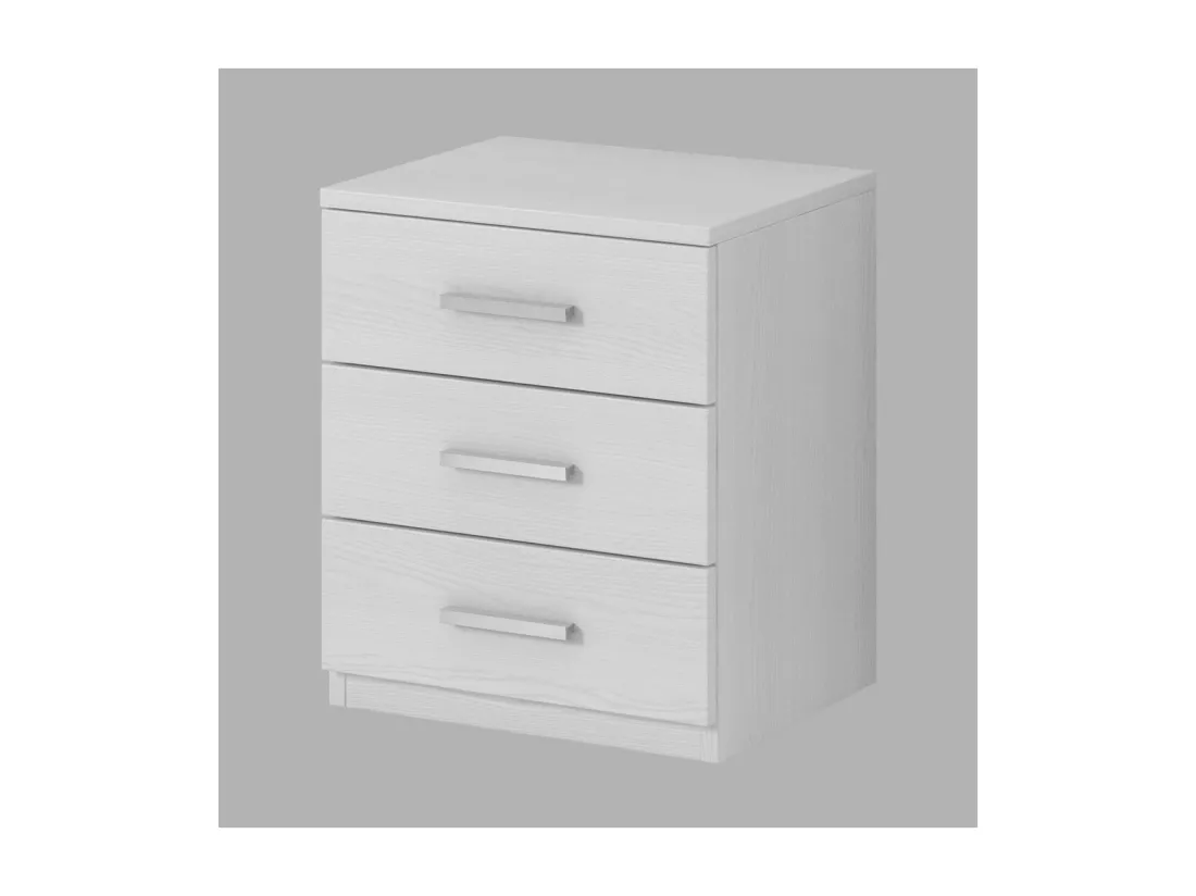 Chambre à coucher FLOYD : Armoire 220cm, Lit 140x200, commode, chevets. Coloris blanc effet bois.