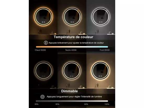 Miroir Rond Salle de Bain avec Eclairage LED, Miroir Maquillage Anti-buée, Miroir Mural 3 Couleurs Dimmable,50x50cm