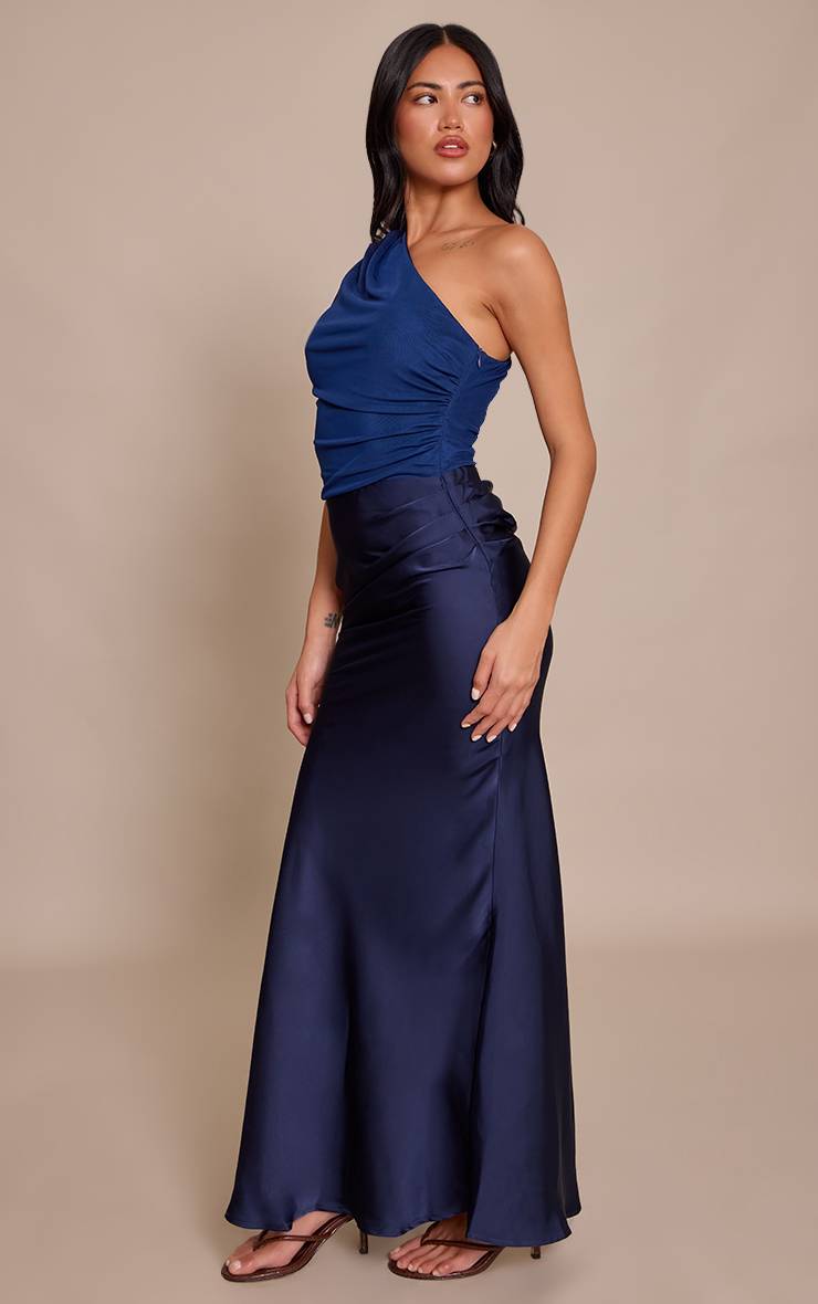 Bleu Marine Robe Maxi En Satin À Une Épaule Avec Contraste