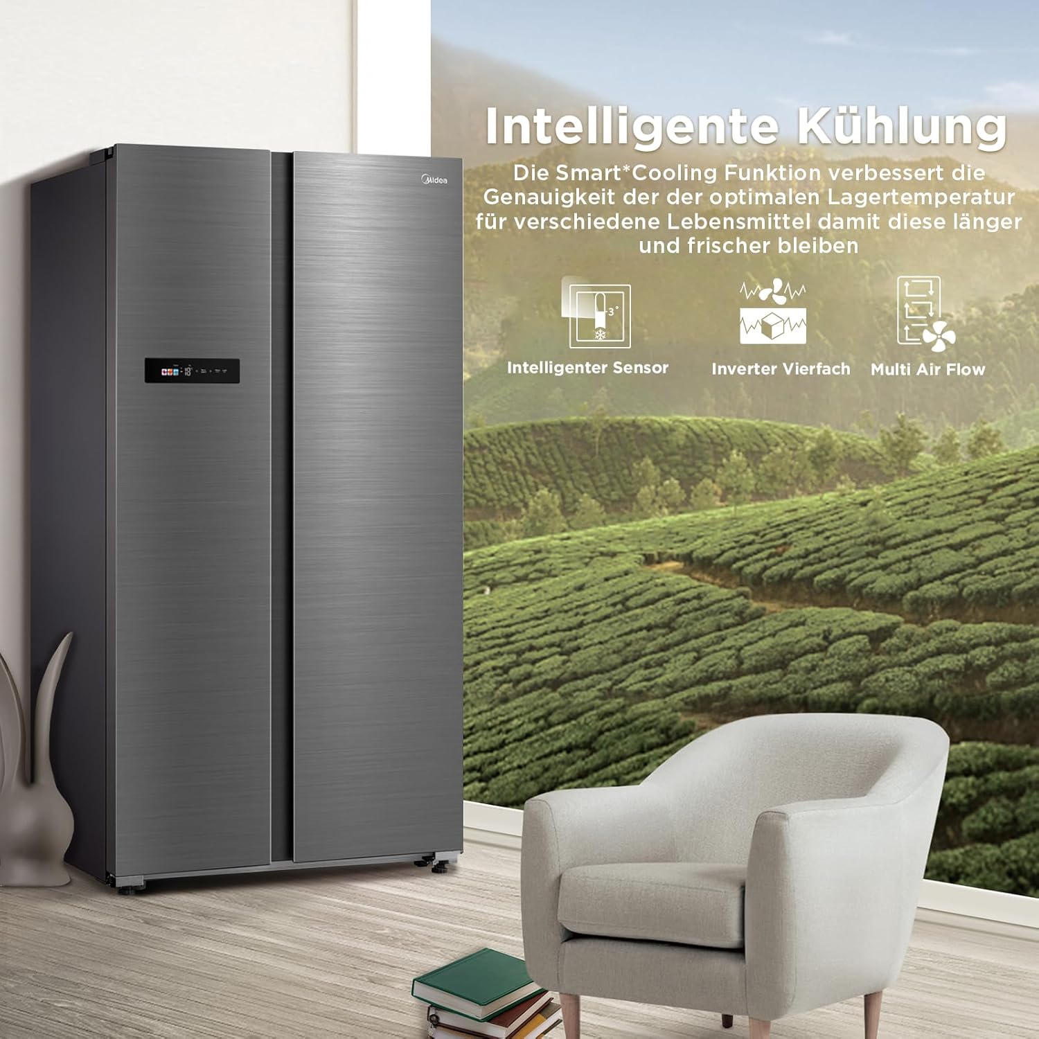 Midea MDRS791MIC46 Side-by-Side Kühlschrank mit No-Frost & WiFi | 592L, 177,5 cm Hoch, Inverter-Technologie, Multi-Air-Flow & Humidity Control | SuperCool & 37dB
