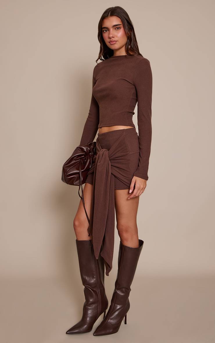Marron Ensemble Jupe Courte Drapée Avec Nœud En Tissu Brossé Doux