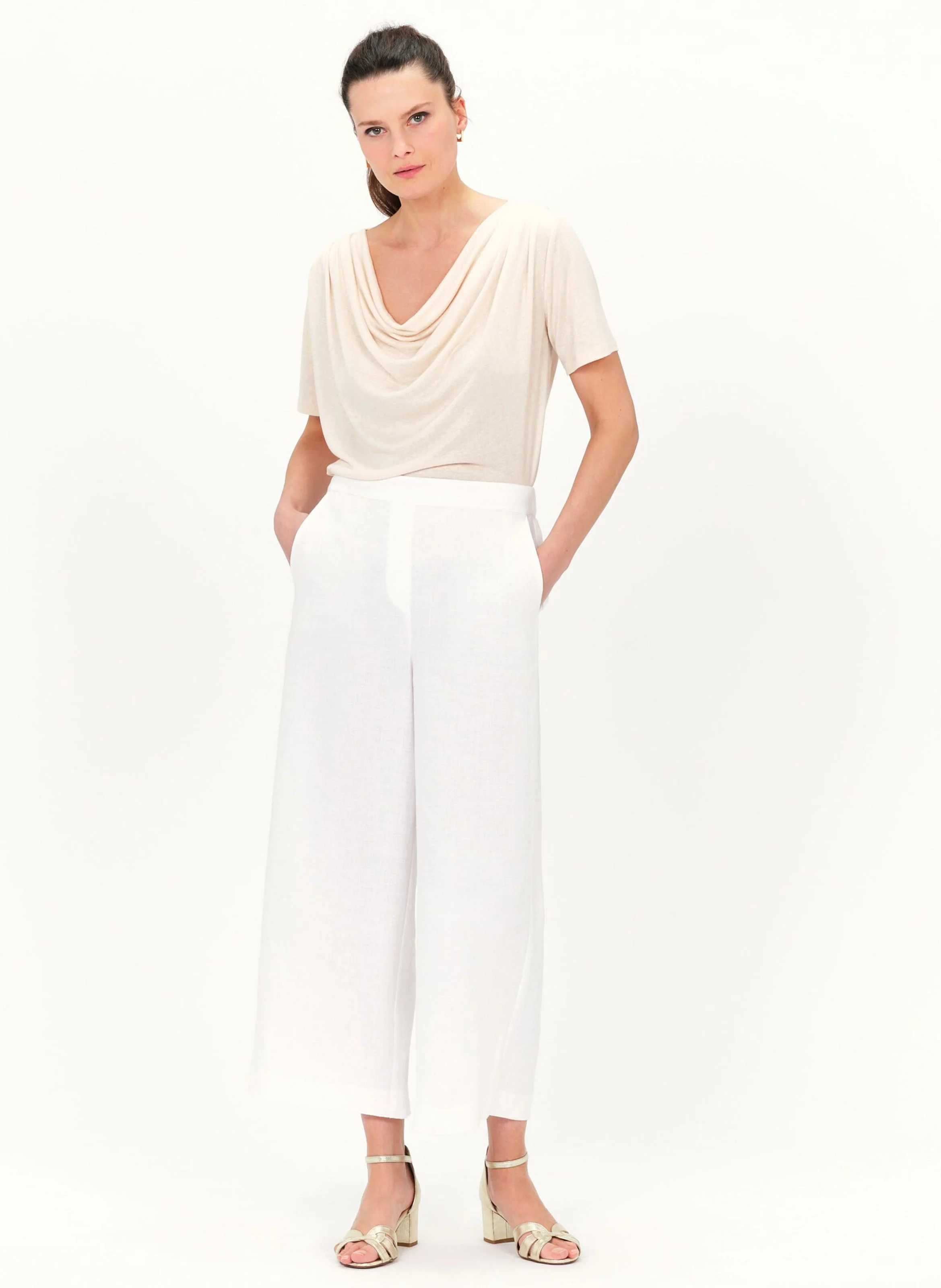 PANDI - Pantalon large taille haute en lin | Blanc