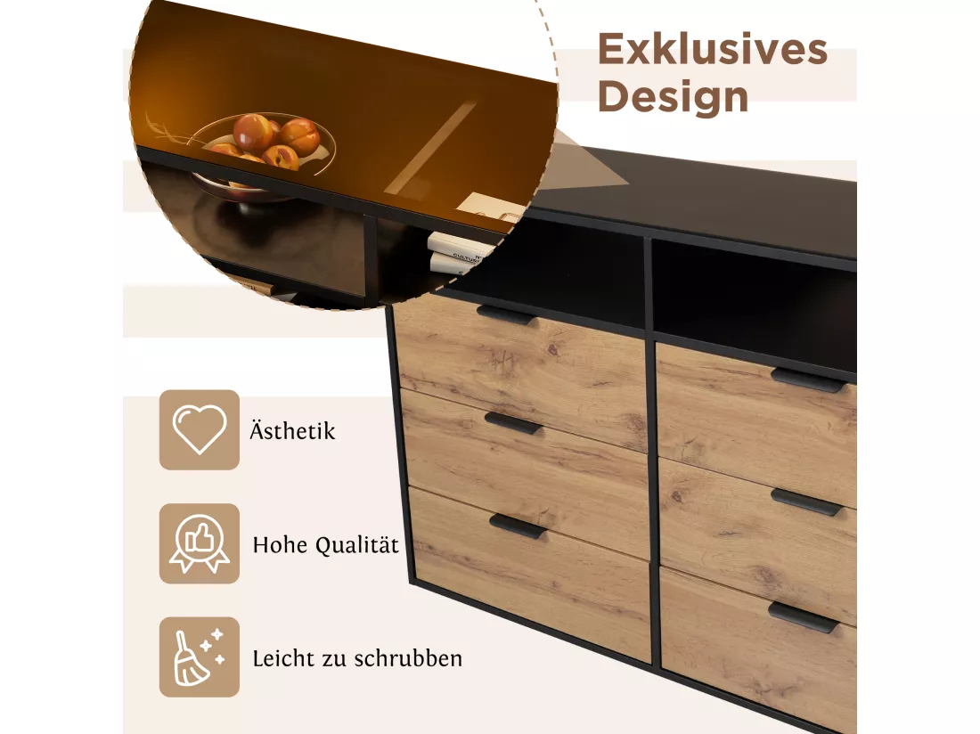 Commode avec 6 tiroirs et 2 compartiments, buffet, anti-basculement, 120 x 40 x 80 cm, verre ambré et panneau de particules, chêne
