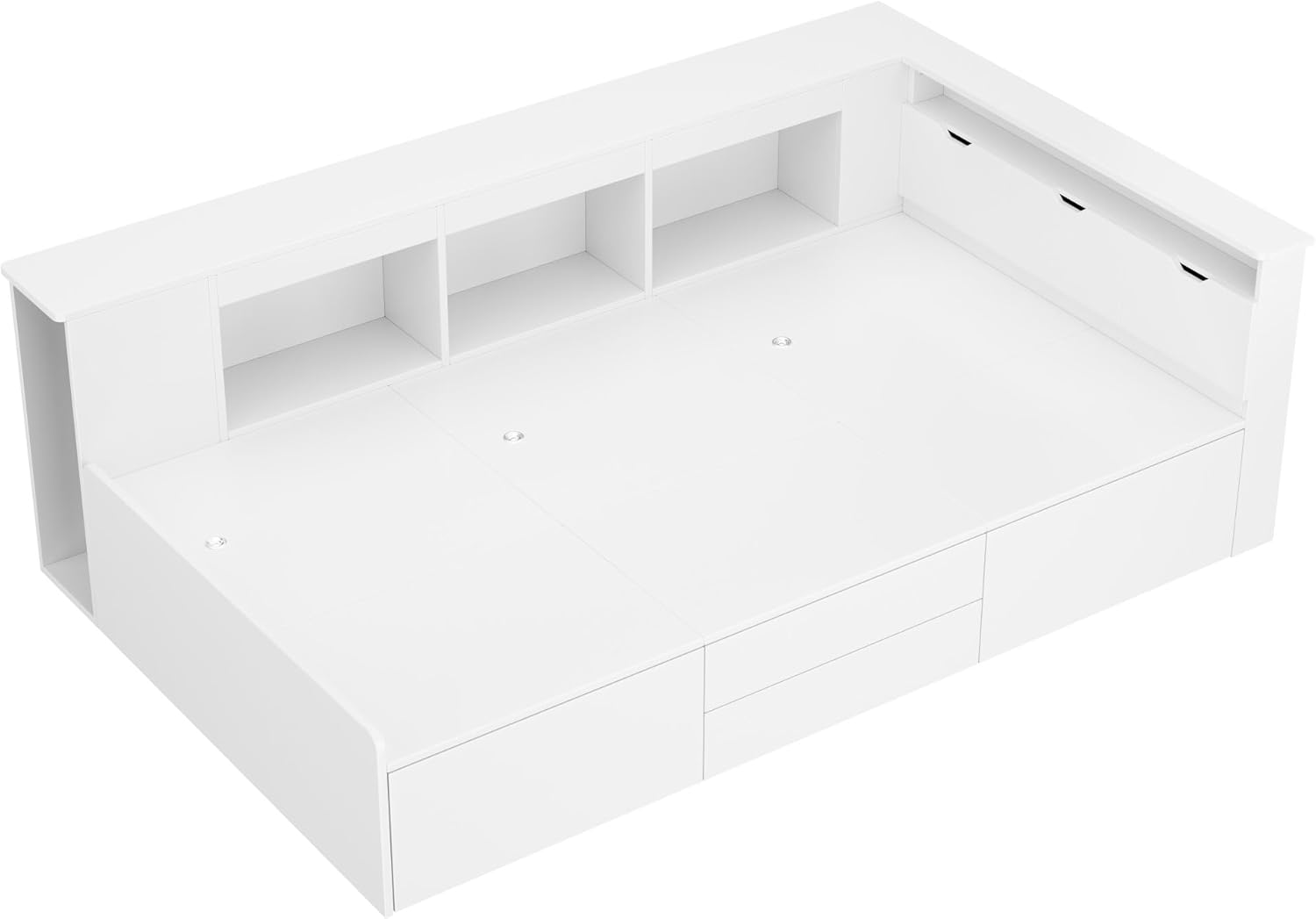 Kinderbett 90x200, Multifunktionales Holzbett mit Schubladen, Bücherregal und Stauschrank, Stauraumbett mit Lattenrost & Bettkasten, Funktionsbett Jugendbett Bettgestell aus Holz, ohne Matratze, Weiß