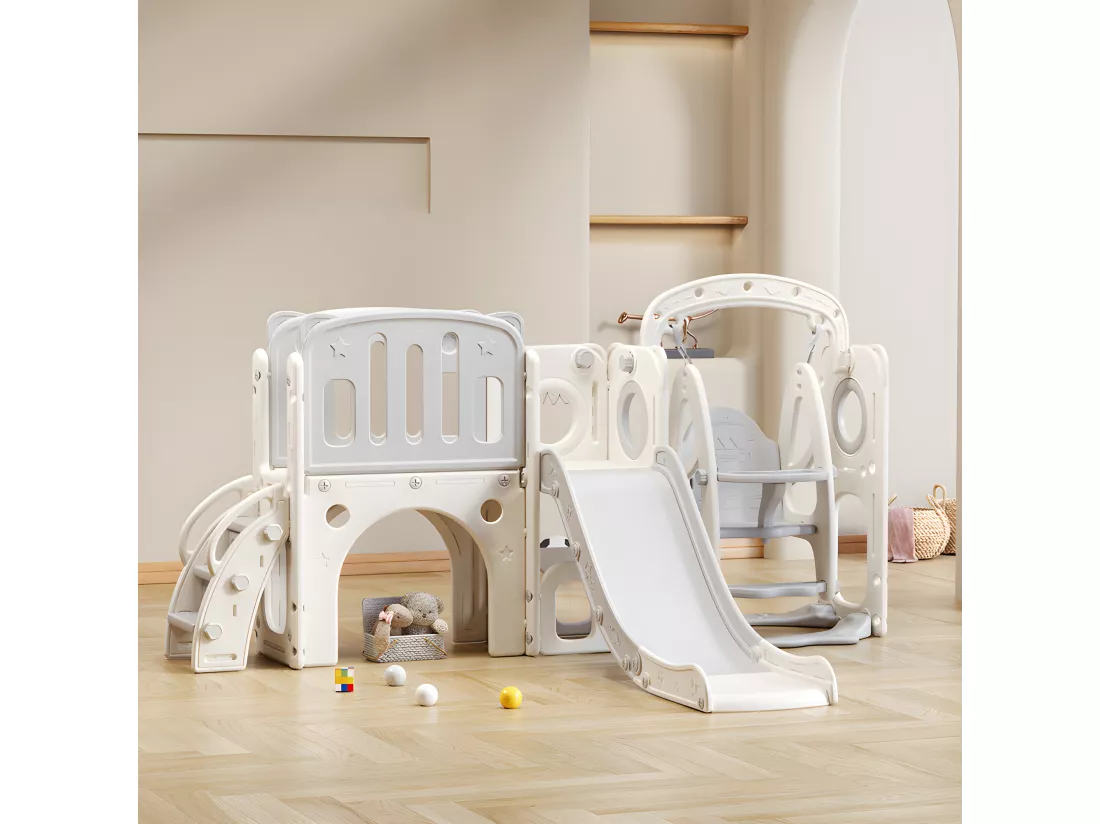 Toboggan pour enfants 7 en 1 - composé d'un toboggan, d'une balançoire, d'un panier de basket, d'un escalier, d'un tunnel, d'un passerelle et d'un rangement - Polyéthylène - Gris clair