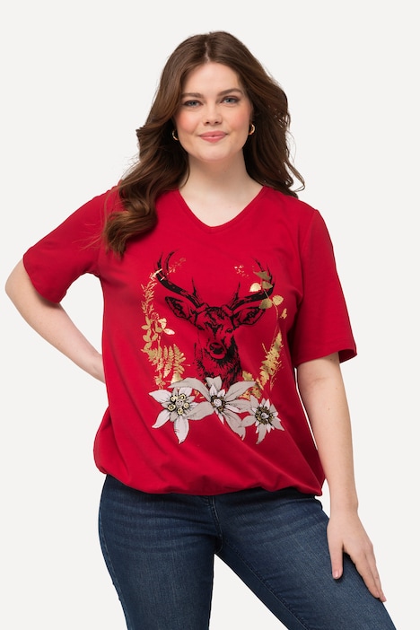 T-Shirt, Trachtenmotiv, V-Ausschnitt, Halbarm, Elastiksaum