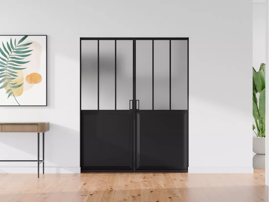 Porte coulissante double atelier avec système à galandage - Noir et verre trempé dépoli - 2 x H205 x L63 cm - ARTISTO II