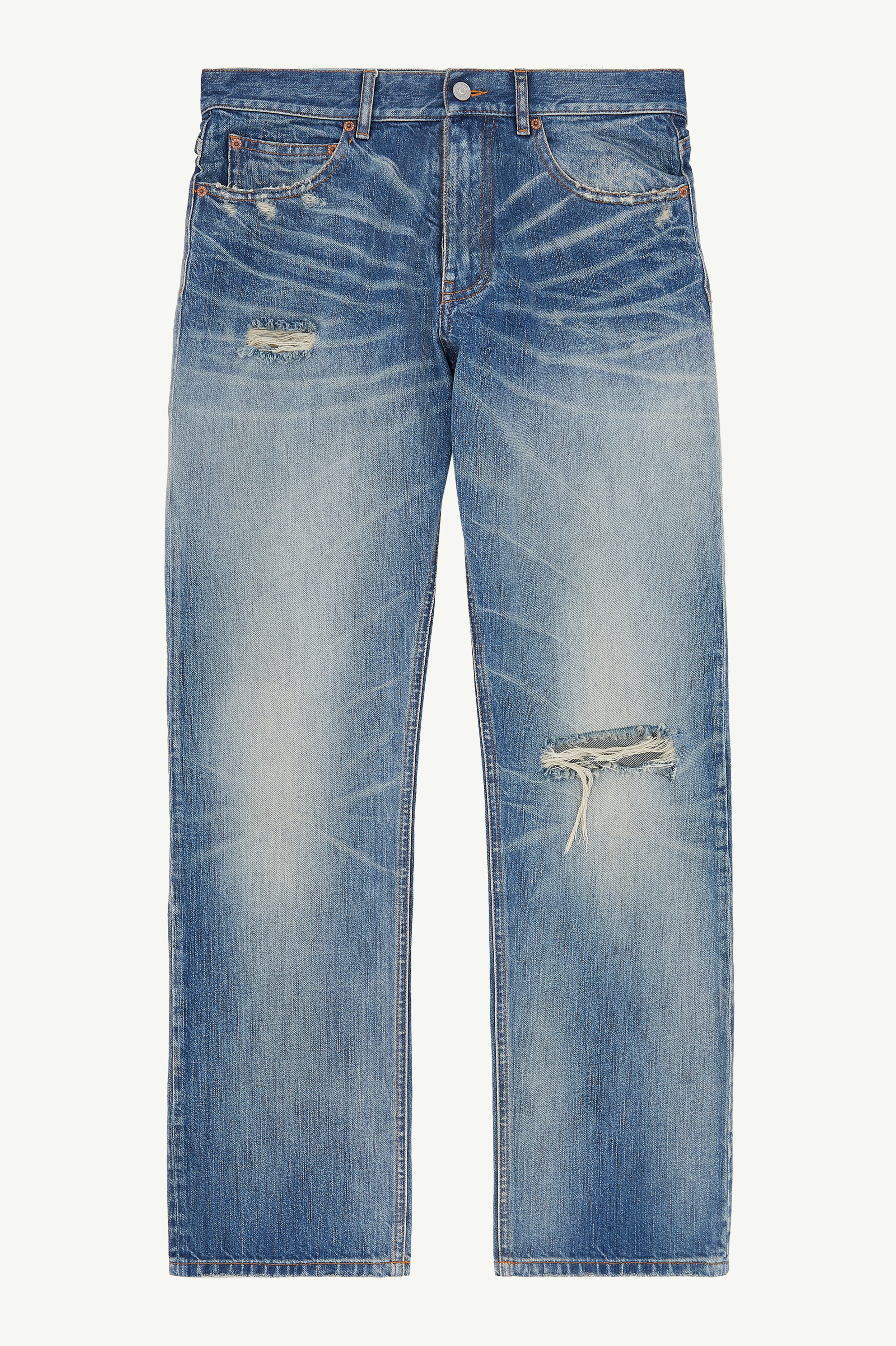 Blue Distressed Straight-leg Jeans