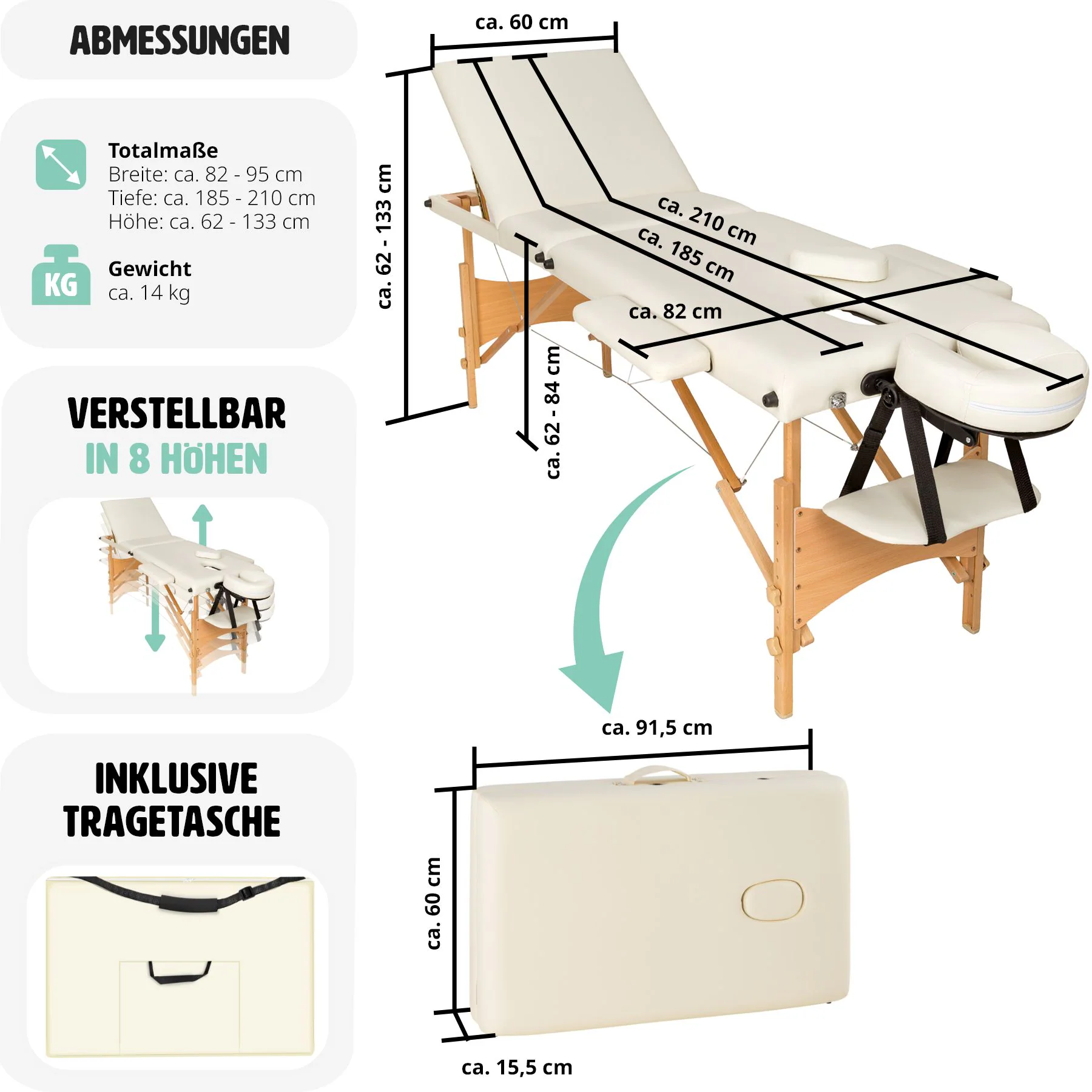 tectake® 3 Zonen Massageliege, mit Holzgestell, verstellbare Ablagen für Kopf und Arme, 210 x 95 x 62 - 84 cm