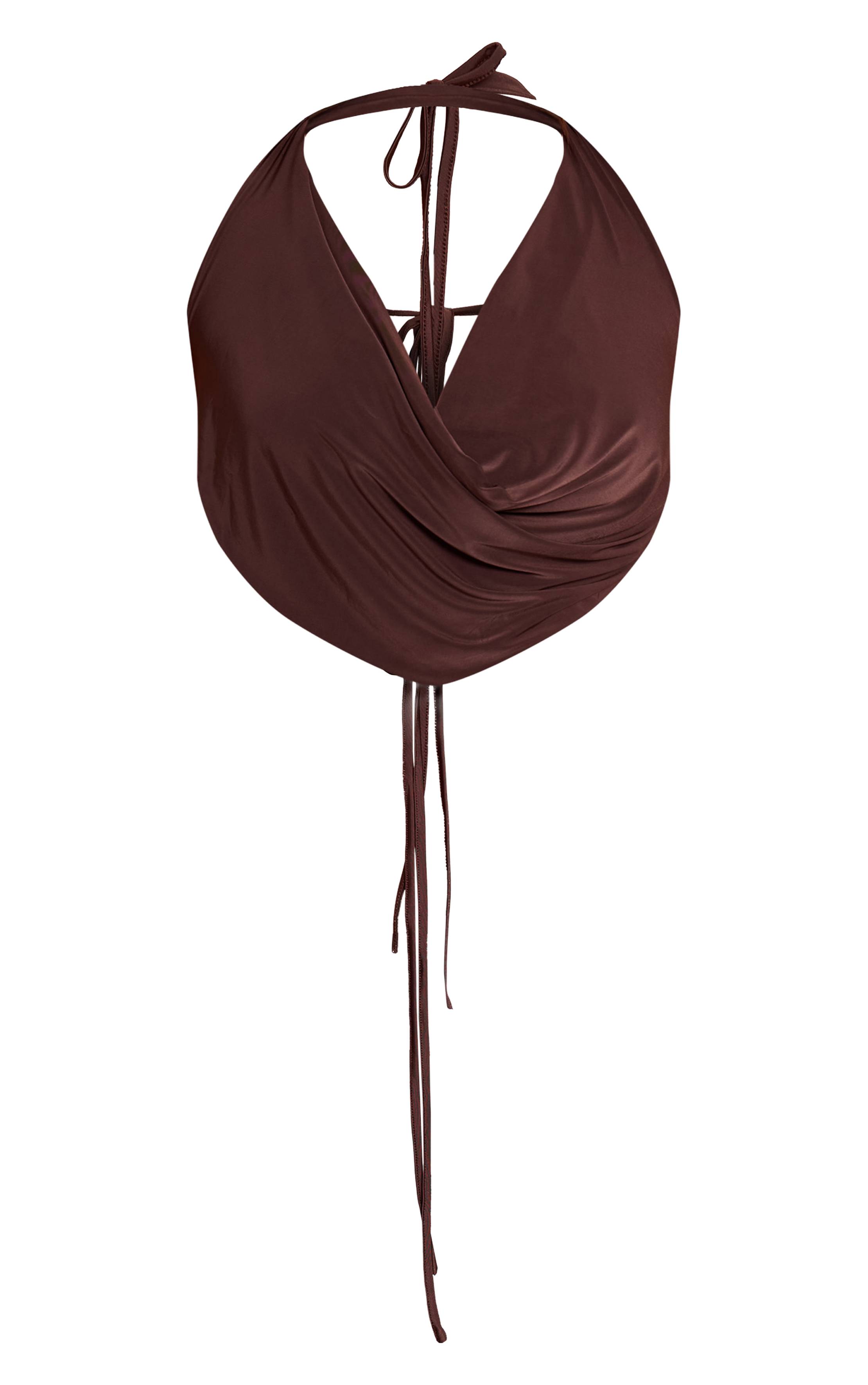 Chocolat Haut Col Bénitier Dos Noué En Tissu Fluide
