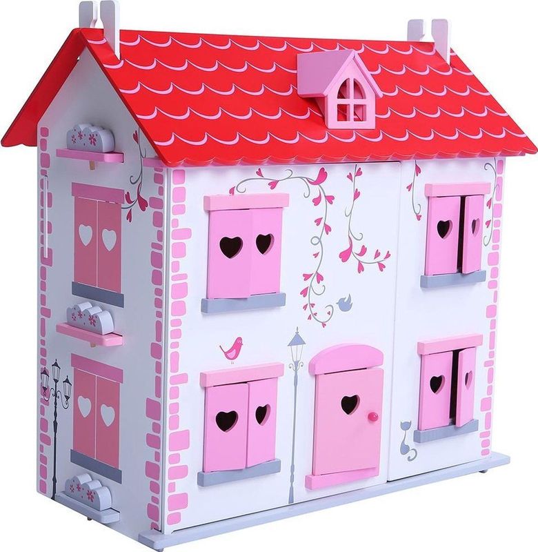 Playwood - Poppenhuis wit/roze inclusief meubels; Openklapbare voorkant