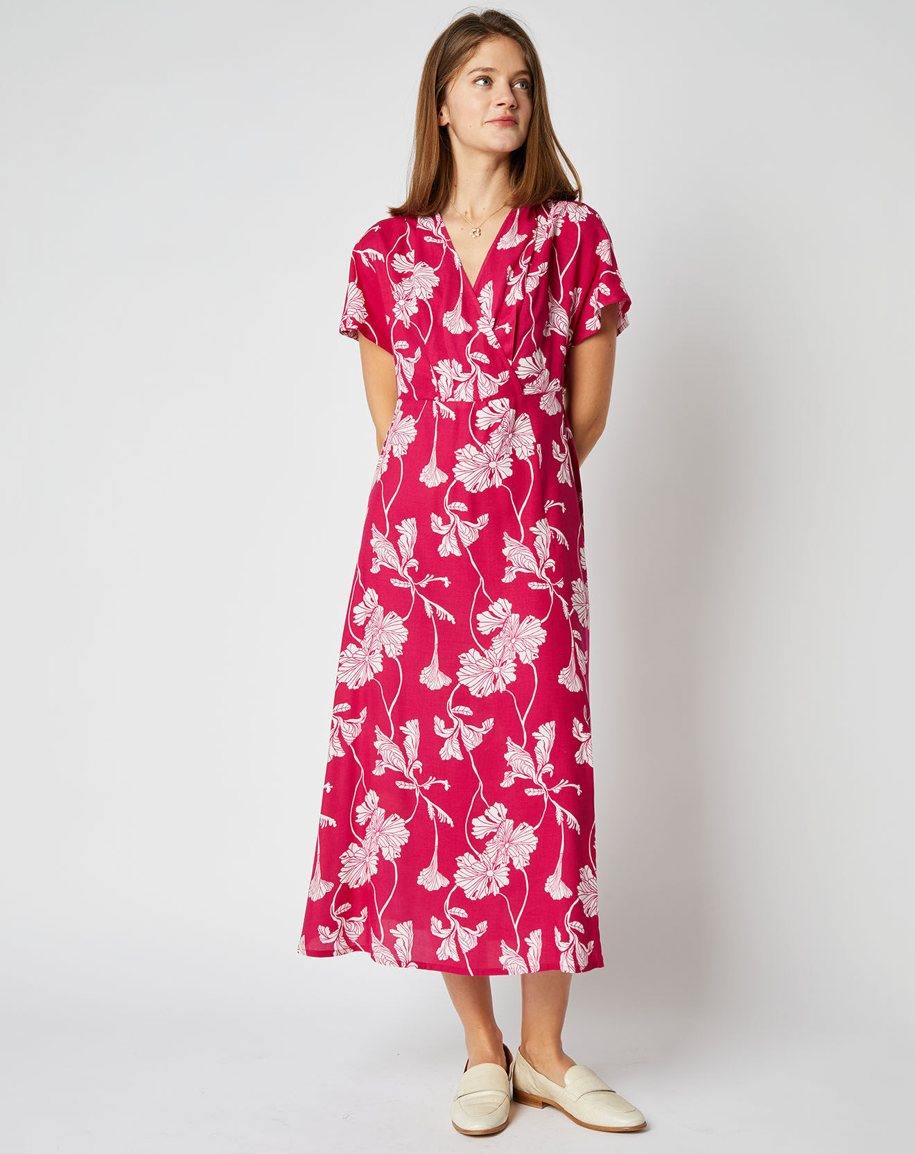 An'ge Robe mi-longue Camille cache-cœur framboise/blanc
