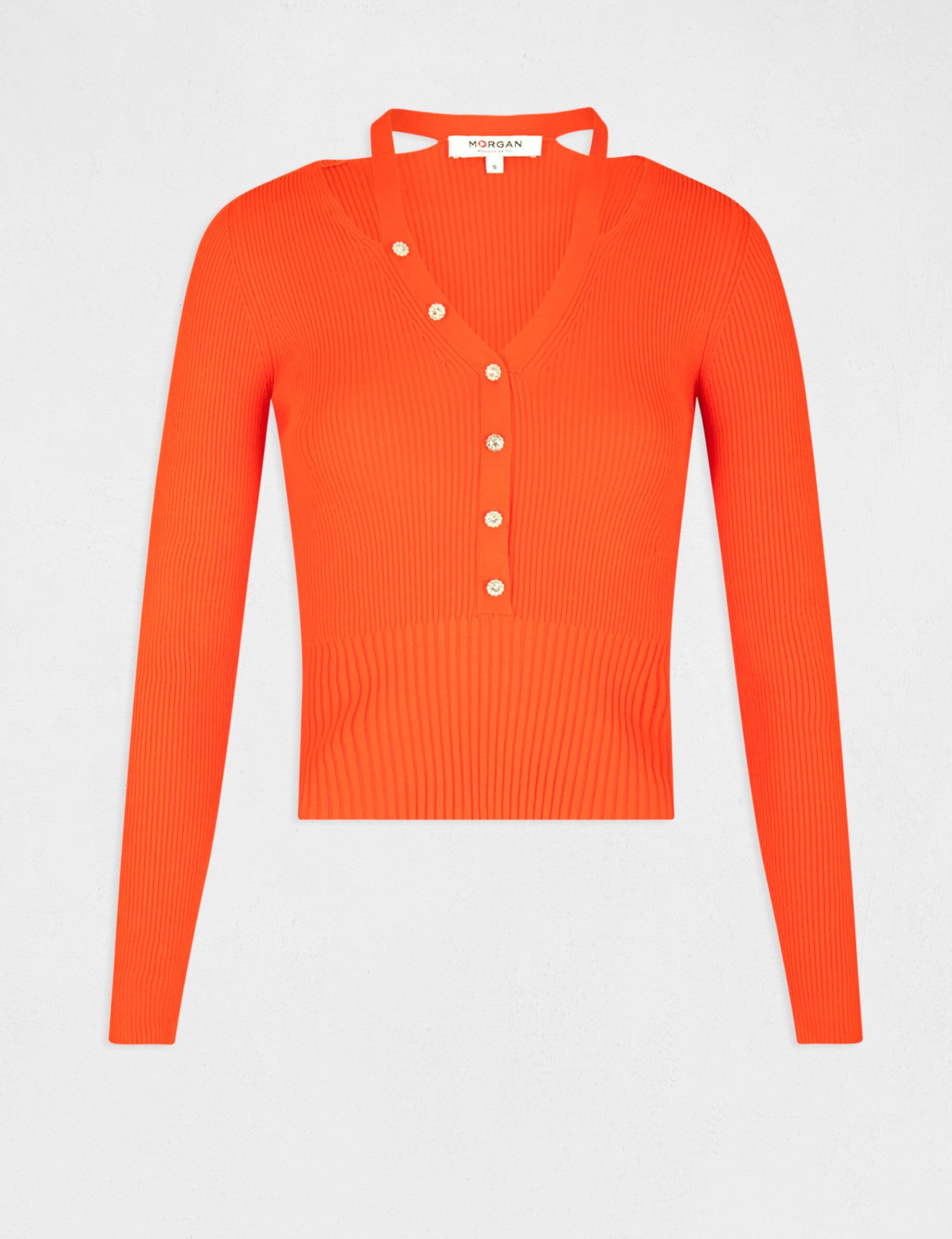 Pull manches longues avec boutons orange femme - orange