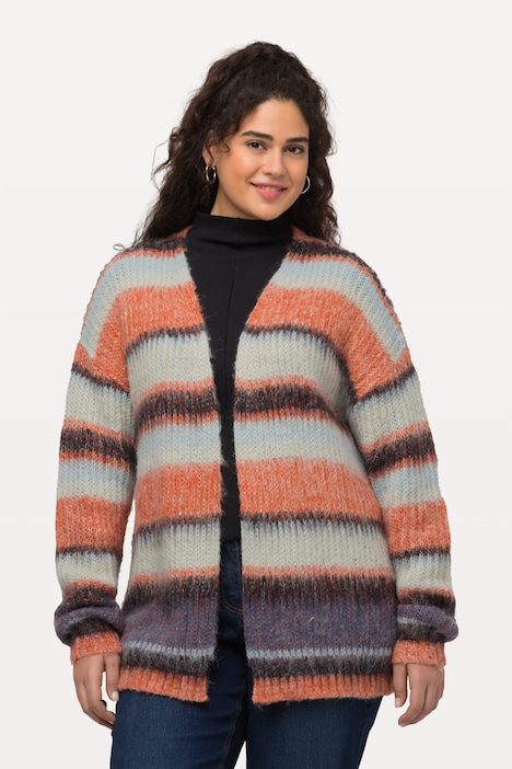 Long-Strickjacke, Ringel, V-Ausschnitt, offene Form