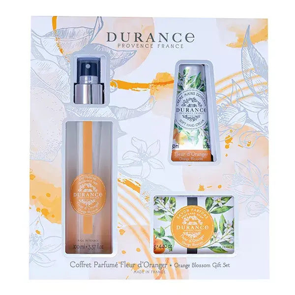 Conjunto de Presente Durance com Aroma de Flor de Laranjeira 2023: Água Mineral 100ml, Sabonete 125g, Creme para as Mãos 30ml