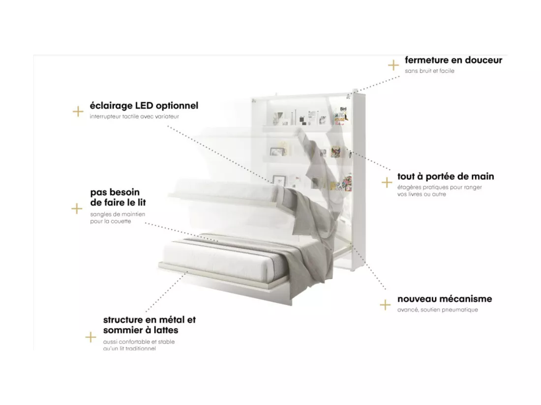 Lit escamotable horizontal avec étagères gris mat Noby 120x200-Avec matelas-Avec Led sans veilleuses