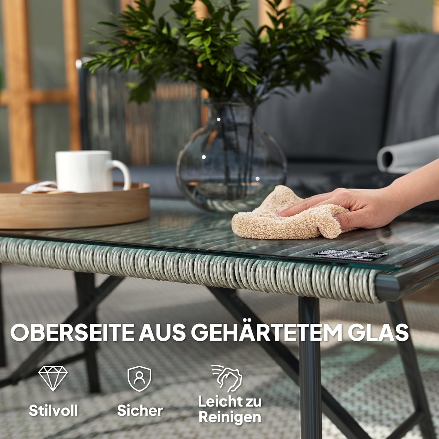 Outsunny Gartenmöbel Set aus Polyrattan Lounge-Set mit 2er Sofa Sessel Glastisch Kissen wetterfest Balkonmöbel für 4 Personen Outdoor Sitzgruppe Terrassenmöbel für Garten Balkon Grau
