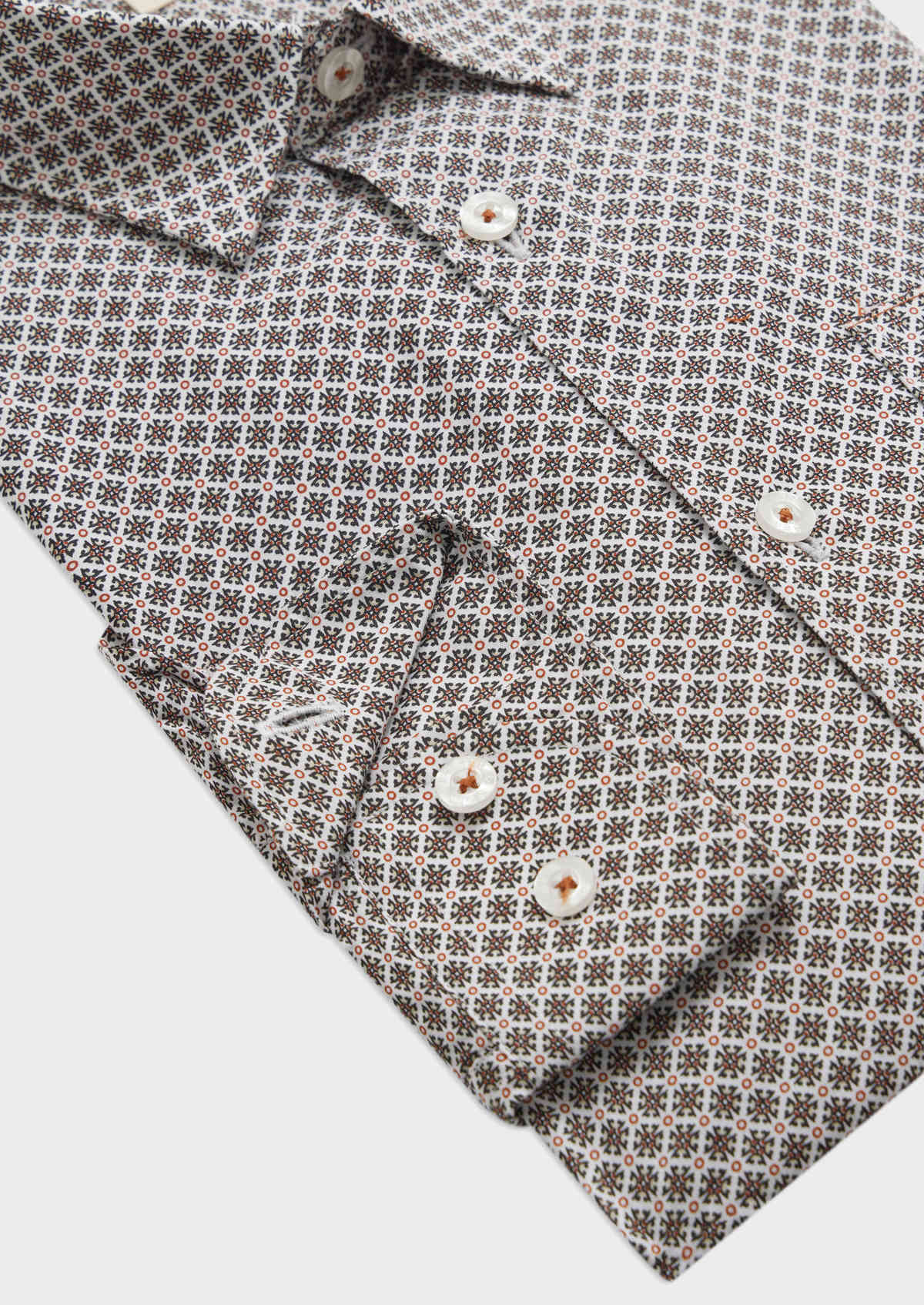Chemise sport Slim en popeline de coton blanc à motif fantaisie noir et marron
