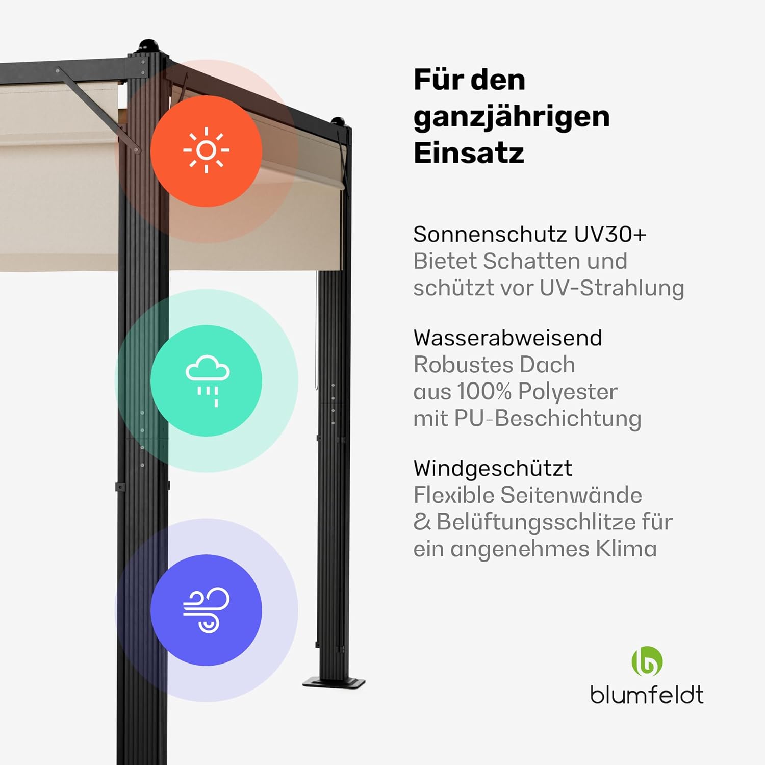blumfeldt Pantheon Cortina Pavillon 3x3 m – Aluminiumrahmen, Verstellbares Dach & Seitenrollos, Wetterfest & Stabil, Beige/Schwarz