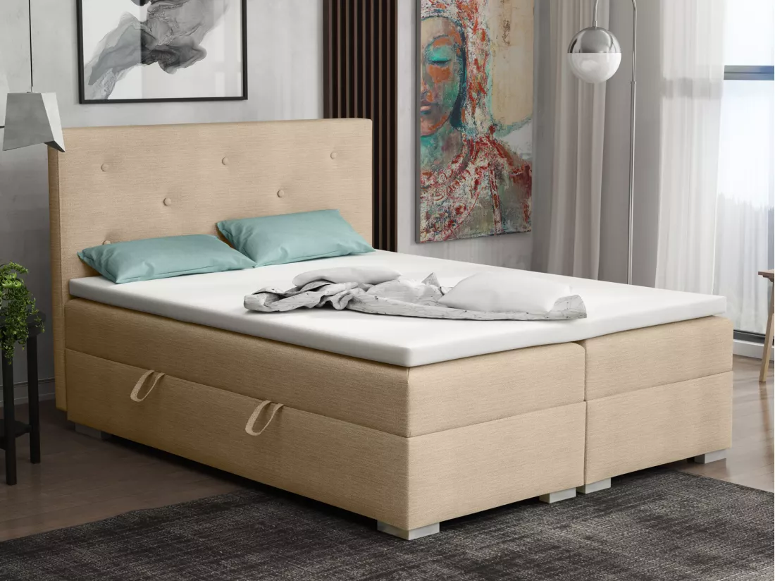 Lit Boxspring avec tiroirs de lit, Coffre de lit Topper Atlanta 140x200 cm, Orinoco 22 (Beige clair)