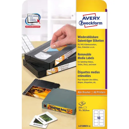 Avery Zweckform L4738REV-25 Etiketten für Disketten,A4 70 x 50,8 mm, 25 Bogen/250 Etiketten, weiß