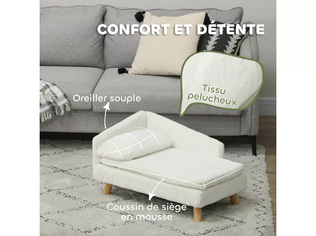 Canapé chien méridienne style scandinave 2 coussins déhoussables bois aspect fourrure crème