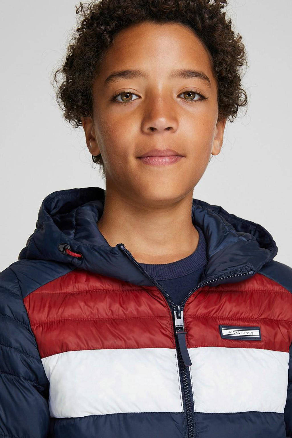 JACK & JONES gewatteerde tussenjas JJEACE donkerblauw/rood/wit