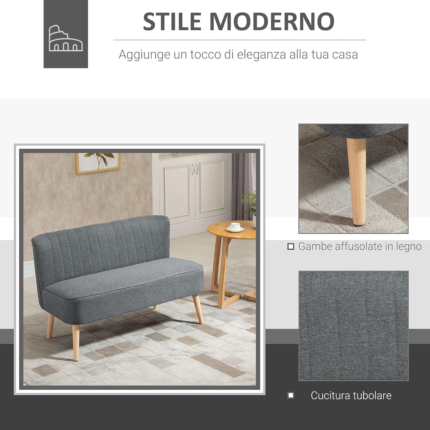 HOMCOM Sofa 2 Sitzer Couch, Kleine Loveseat mit Leinen-Optik Modern Polstersofa für Wohnzimmer, Schlafzimmer, kleinen Raum, Grau 117 x 56,5 x 77 cm