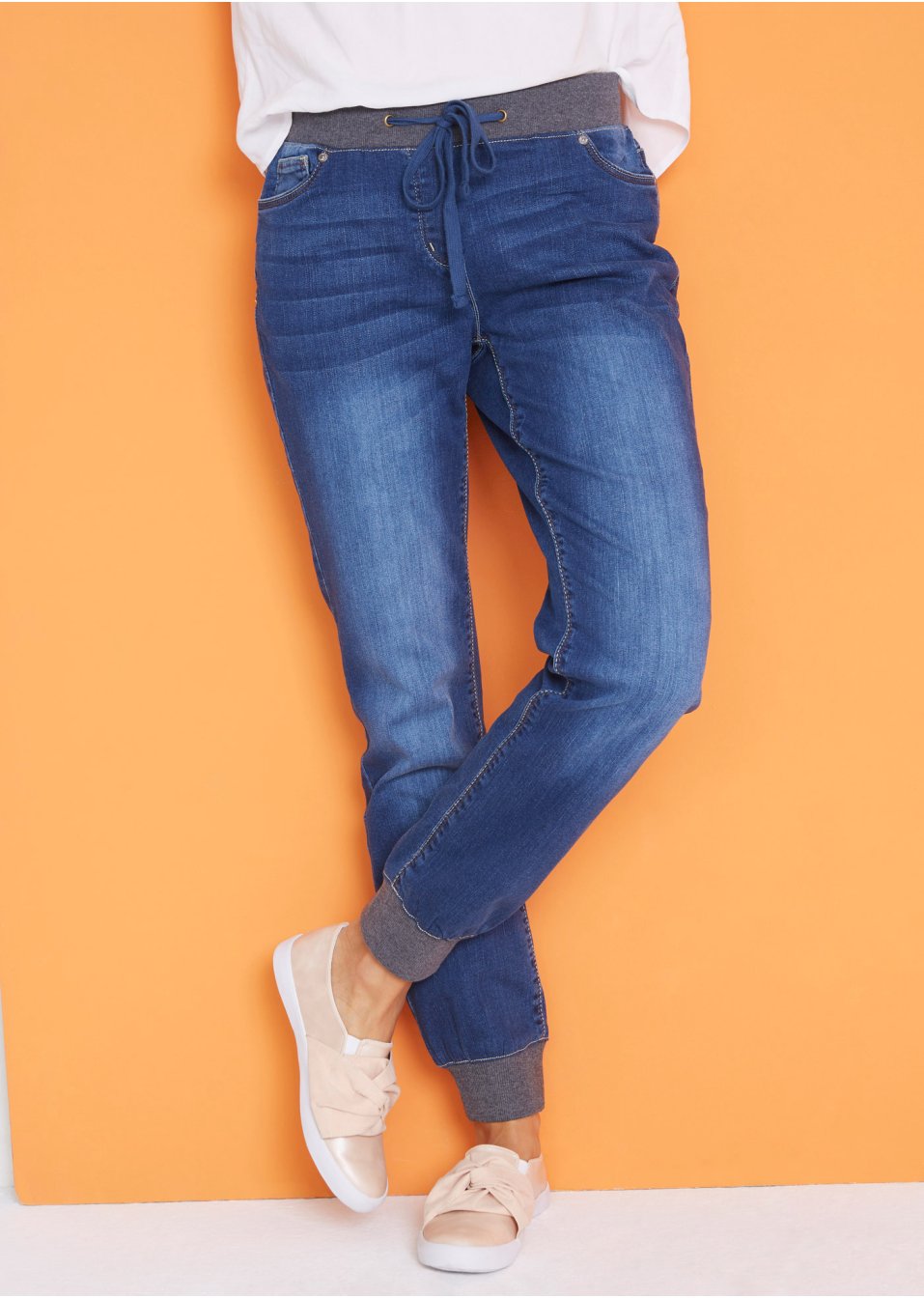 Jean Boyfriend extensible à empiècement taille côtelé