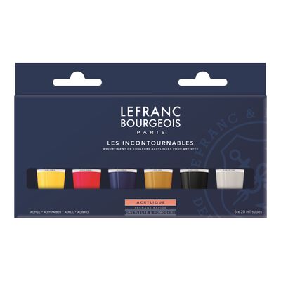 Lefranc Bourgeois - Set de peinture acrylique - 6 couleurs - ocre jaune, blanc titane, jaune primaire, noir ivoire, rouge primaire, bleu primaire - 20 ml