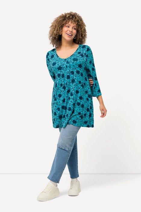 Shirt, Blüten, A-Linie, V-Ausschnitt, 3/4-Arm