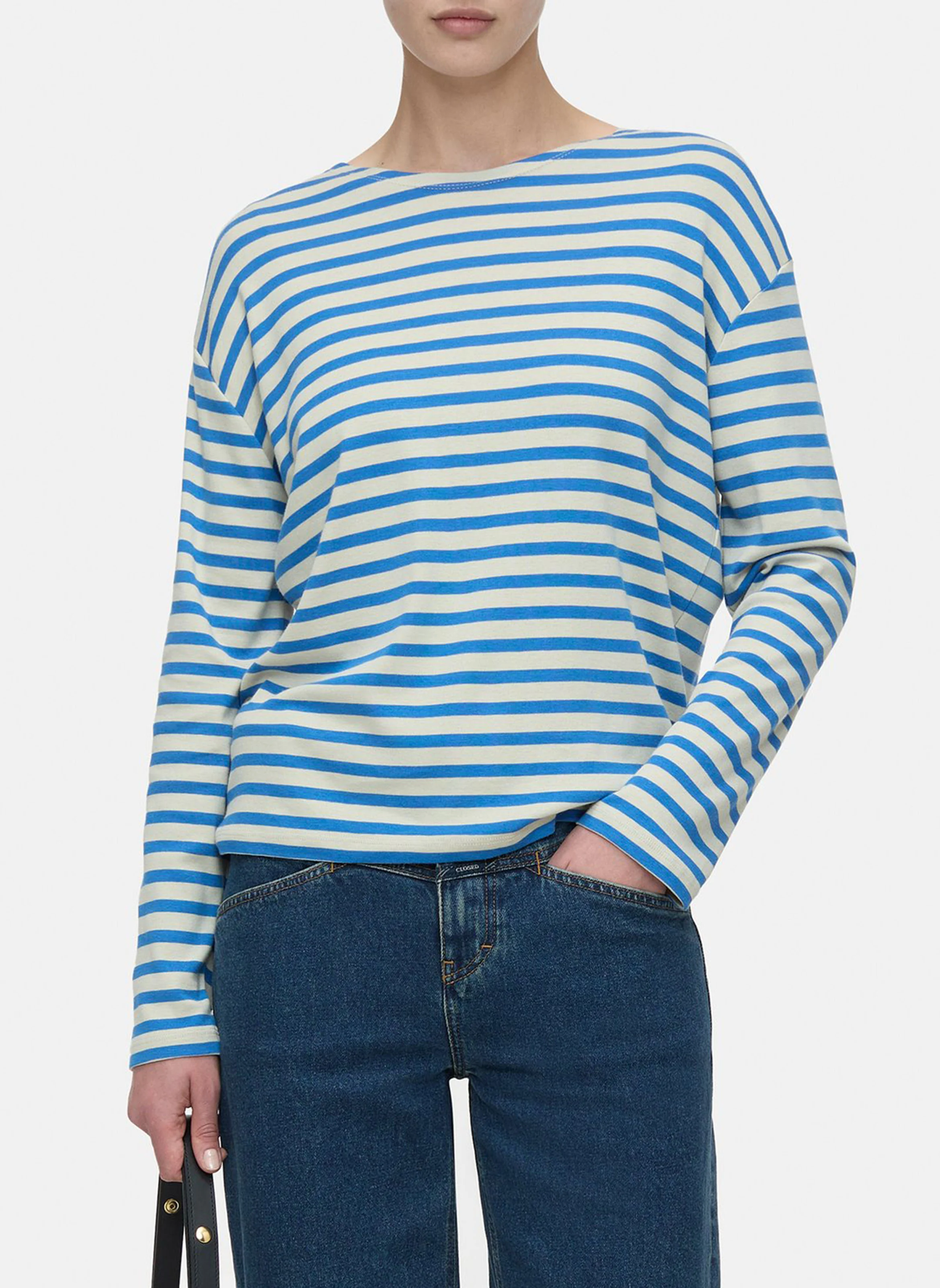 Tee-shirt col rond à rayures en coton mélangé | Bleu