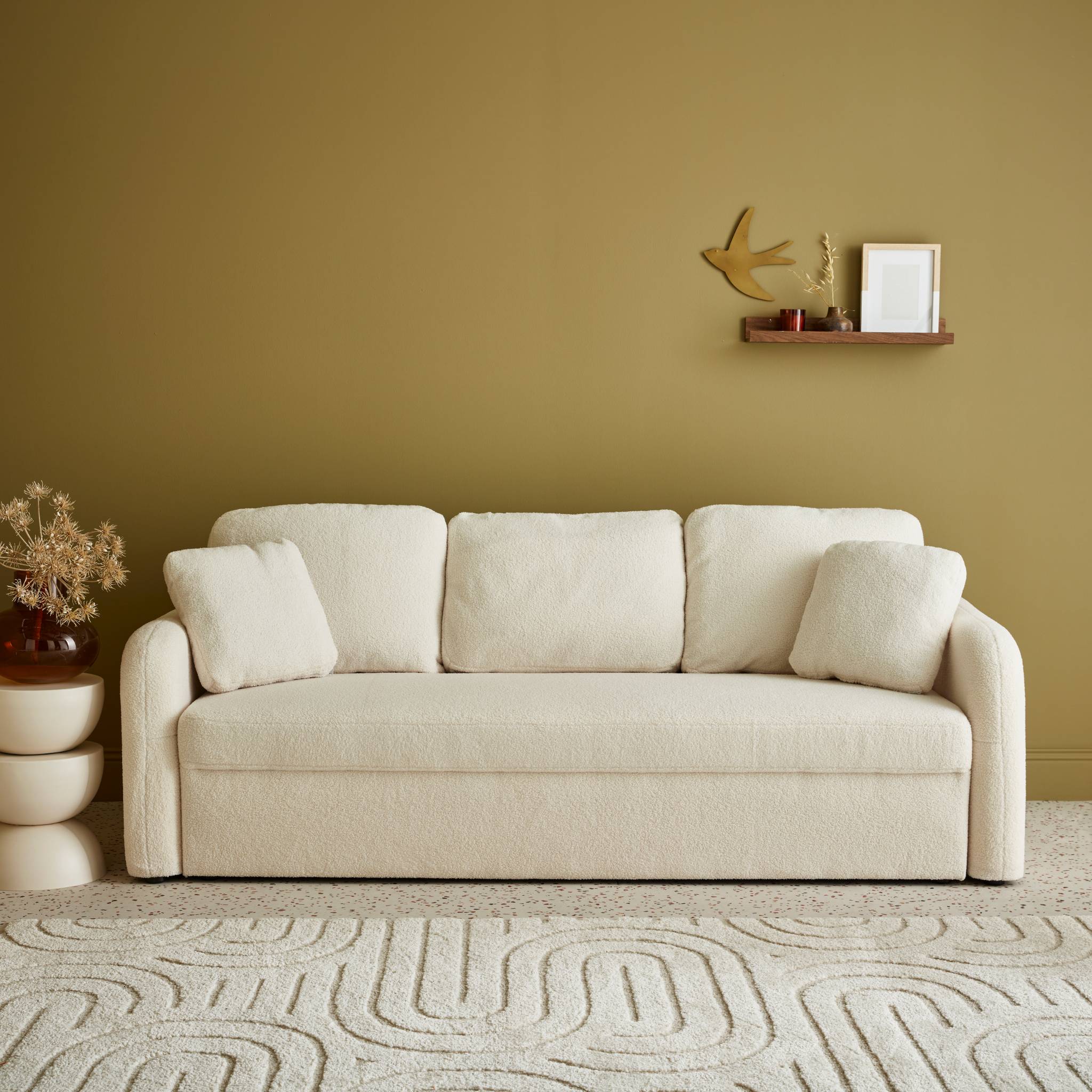 Canapé 3 places cosy rond. Tissu bouclettes blanches. Milano. L 210 x p 85 x h 85cm